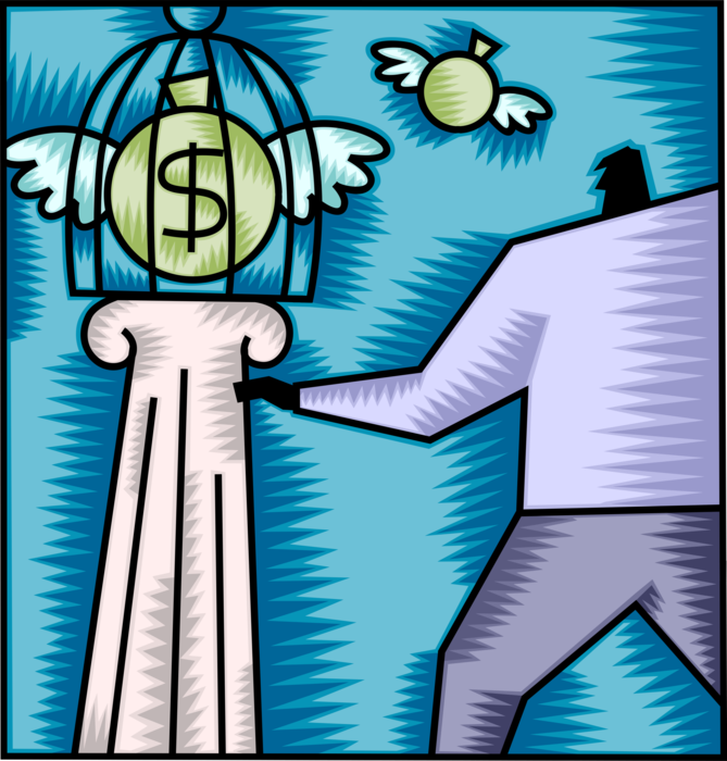 Vector Illustration of Businessman with Secured Investment Income Trapped in Birdcage, Unable to Fly Away