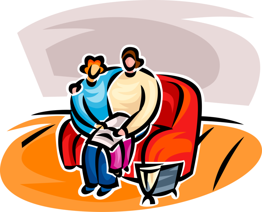 Vector Illustration of Couple Reads Newspaper Together on Sofa Couch