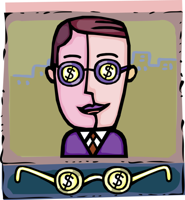 Vector Illustration of Businessman has Dollar Signs in Eyes with Reading Glasses Eyeglasses