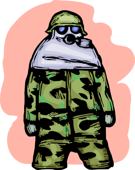 Vector Illustration of United States Military Soldier Wears Toxic Chemical Weapons Protective Suit and Mask