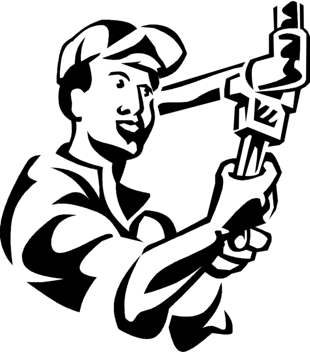 Vector Illustration of Plumber Tightens Plumbing Pipe with Pipe Wrench