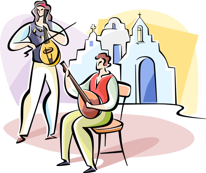 Vector Illustration of Musicians Playing in Front of Greek Church