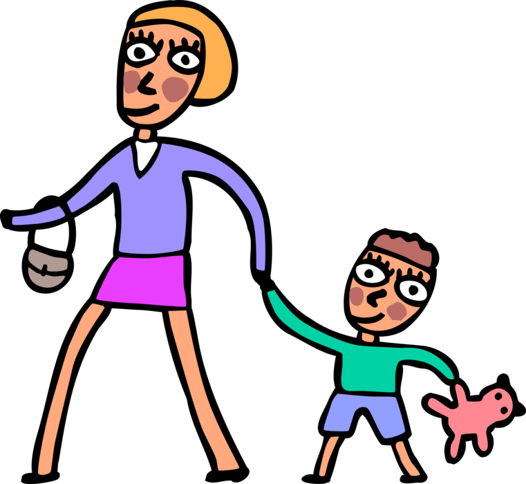 Vector Illustration of Mother Walks with Young Son with Stuffed Animal Teddy Bear
