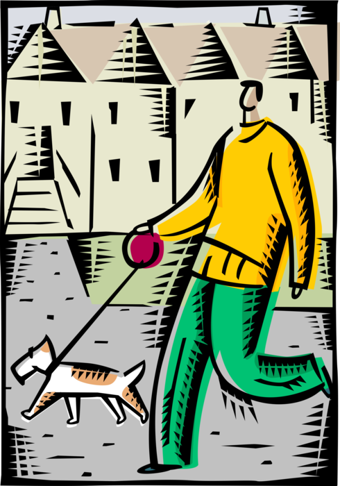 Vector Illustration of Dog Owner Walks Family Pet Canine Dog on Leash in Neighborhood