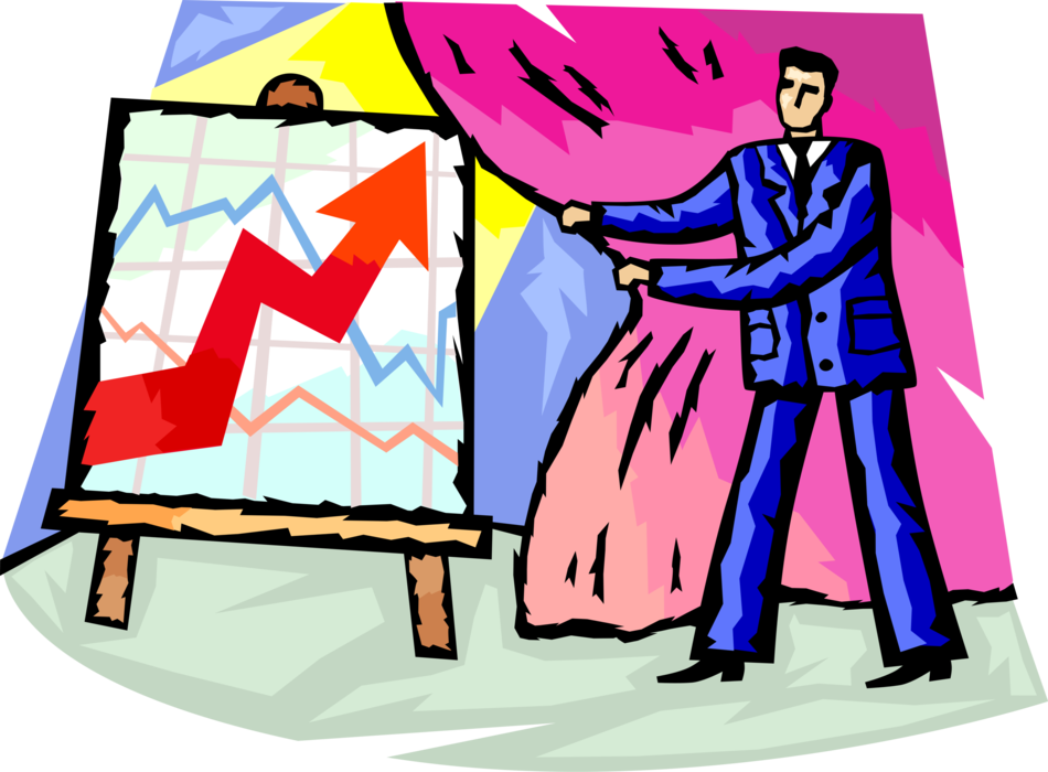 Vector Illustration of Businessman Presenter Reveals Business Sales Chart Strong Growth and Success Arrow