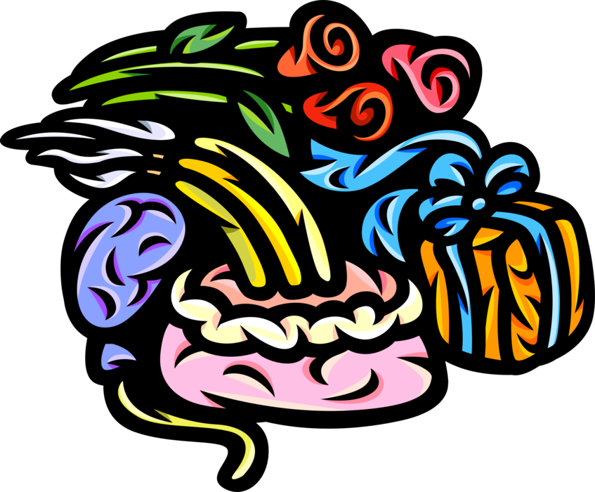 Vector Illustration of Sweet Dessert Baked Birthday Cake, Presents, Flowers and Balloons