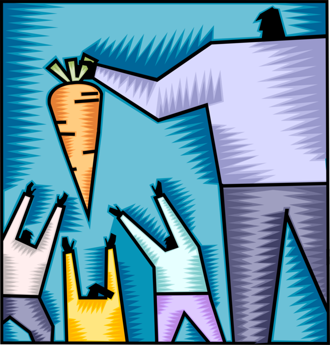 Vector Illustration of Corporate Management Dangles Cash Money Financial Carrot Incentive to Workforce Employees
