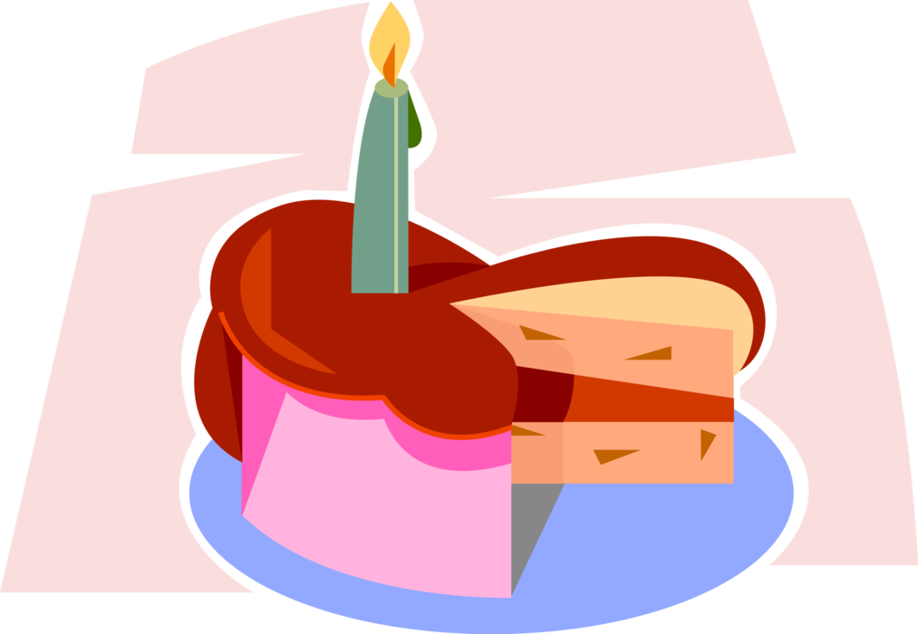 Vector Illustration of Sweet Dessert Baked Birthday Cake with Lit Candle