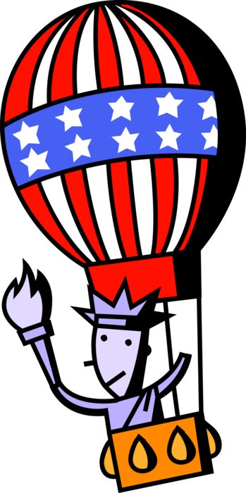 Vector Illustration of 4th of July Independence Day Hot Air Balloon with Gondola Wicker Basket Carry Passengers Aloft