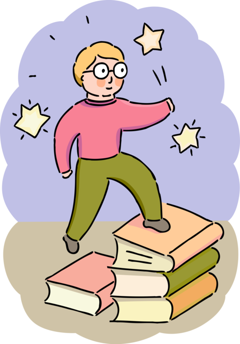 Vector Illustration of High School Student Scholar Reaches for Stars Standing on Textbook Schoolbooks