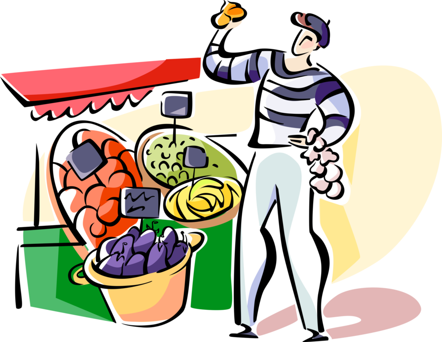 Vector Illustration of French Outdoor Market Vendor with Fruits and Vegetables