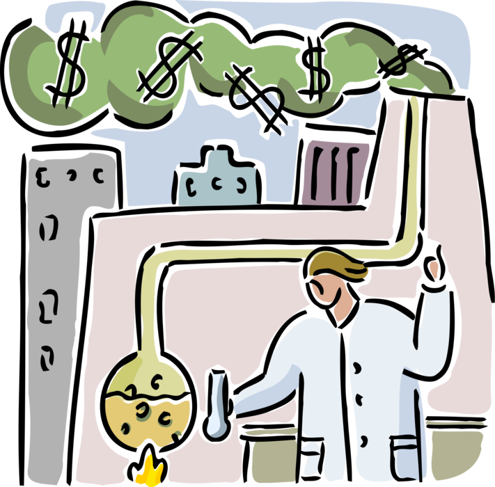 Vector Illustration of Chemist Technician in Chemistry Lab Creates New Chemical Compound for Financial Corporate Profit Gains