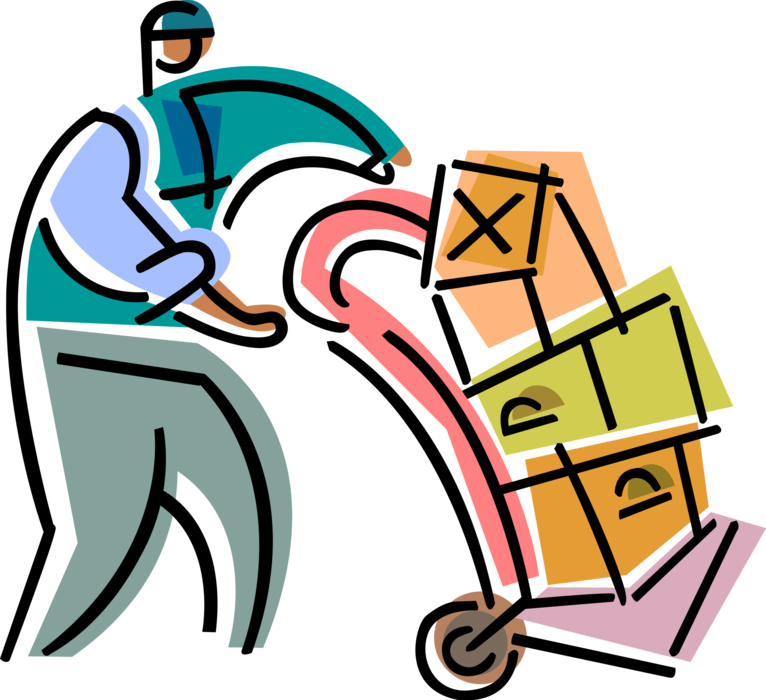 Vector Illustration of Overnight Courier Delivers Small Packages on Handcart Dolly Requiring Proof of Delivery Signature