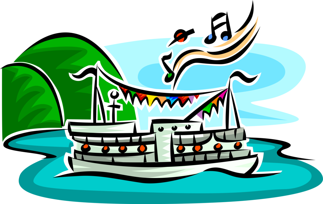 Vector Illustration of Tourist Cruise Boat Takes Passengers on Tours of Island