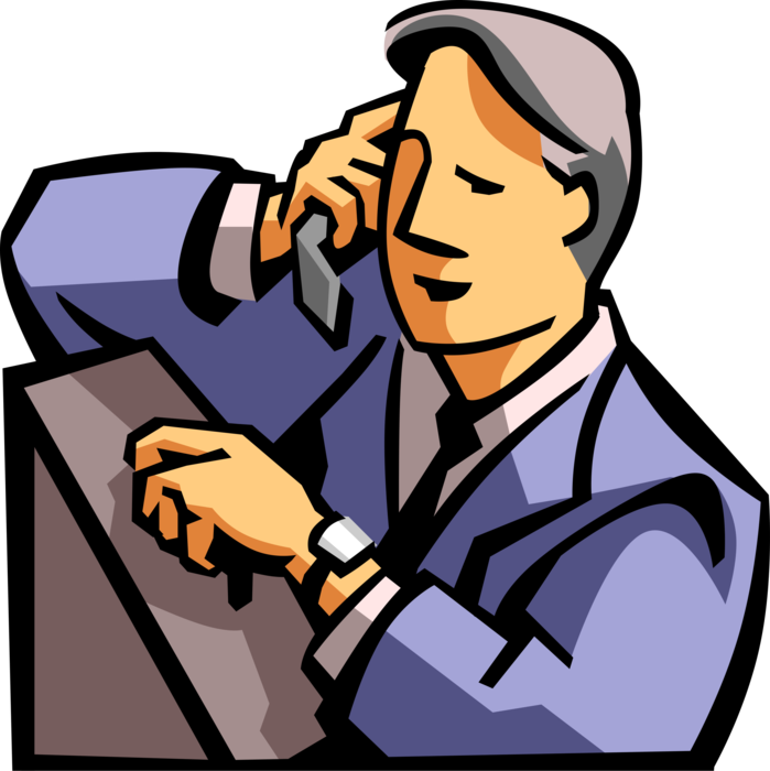 Vector Illustration of Businessman Talks on Mobile Cell Phone Telephone Checks Time on Wristwatch Watch