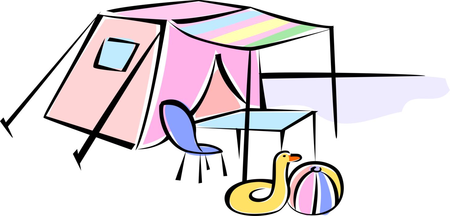Vector Illustration of Outdoor Recreational Activity Camping Tent Shelter at Campsite with Water Toys and Table and Chair