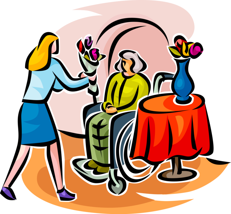 Vector Illustration of Visitor Brings Flowers to Elderly Woman in Handicapped or Disabled Wheelchair at Nursing Home