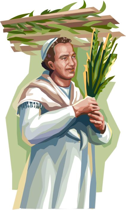 Vector Illustration of Jewish Rabbi Wearing Kippah Kip Yarmulke Cap and Tallit Holds Lulav