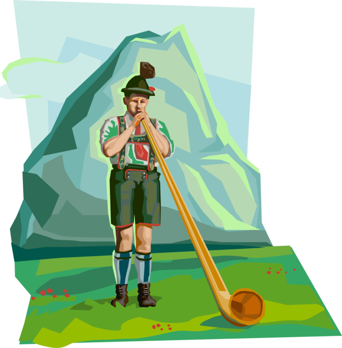 Vector Illustration of Bavarian Boy in Traditional Costume with Alpenhorn