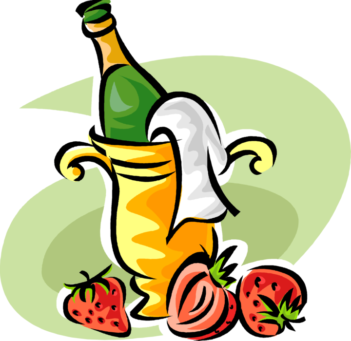 Vector Illustration of Strawberries and French Champagne Chilling in Ice Bucket
