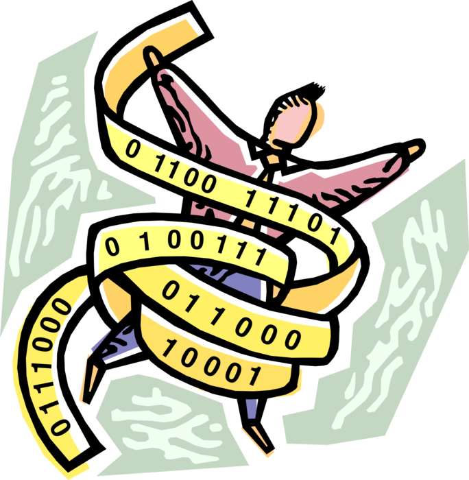 Vector Illustration of Businessman All Tied Up in Digital Binary Code Ticker Tape