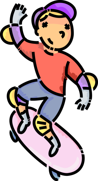 Vector Illustration of Primary or Elementary School Student Boy Skateboarder Skateboarding Outdoors on Skateboard