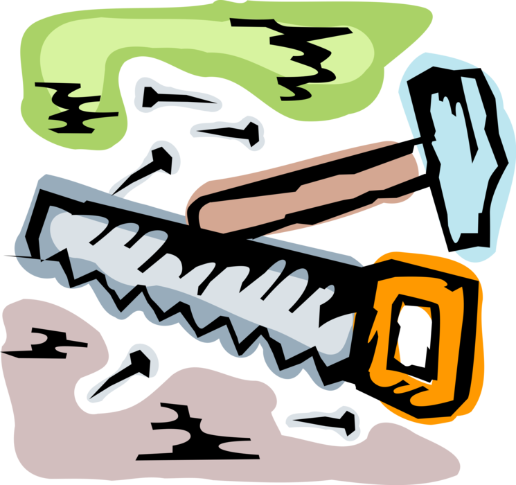 Vector Illustration of Carpentry and Woodworking Handsaw, Hammer and Nails