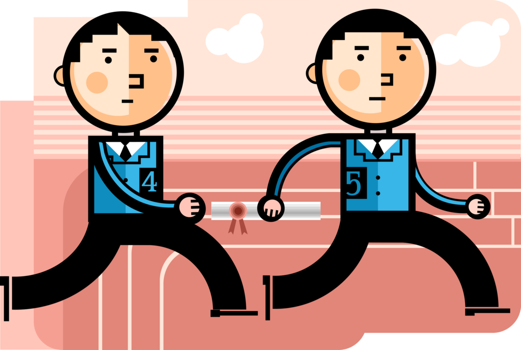 Vector Illustration of Team Player Businessmen Exchange Business Contract Baton in Competitive Track and Field Running Race