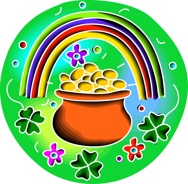Vector Illustration of St Patrick's Day Irish Mythology Leprechaun's Pot of Gold Wealth and Riches with Rainbow