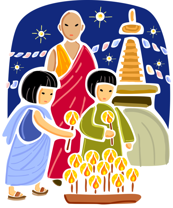 Vector Illustration of Buddhist Vesak Festival Children and Monk Light Candles at Bouddhanath Stupa