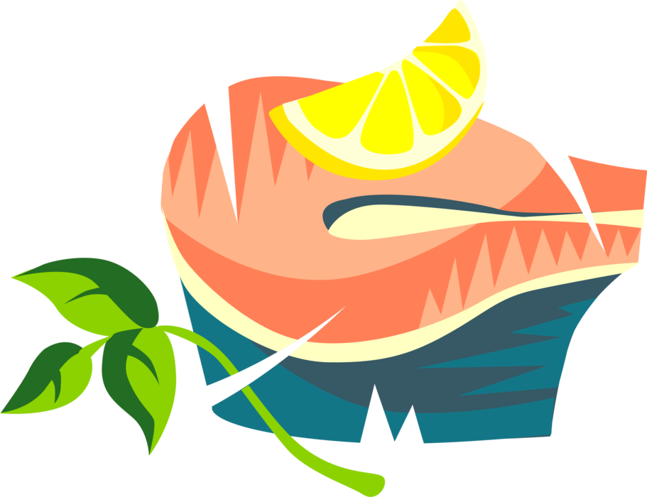 Vector Illustration of Salmon Fish Steak with Citrus Fruit Lemon Wedge