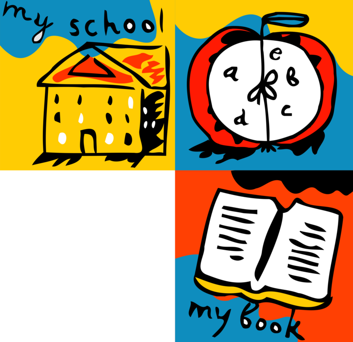 Vector Illustration of School Building, Alarm Clock and Schoolbook Textbook Book