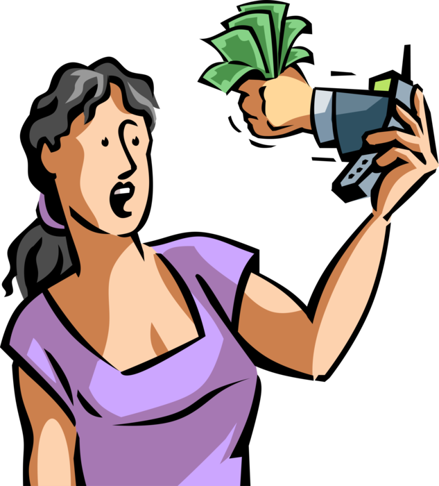 Vector Illustration of Cash Dollar Bill Paper Money Monetary Financial Incentive Reward Offered to Woman on Mobile Smartphone Phone