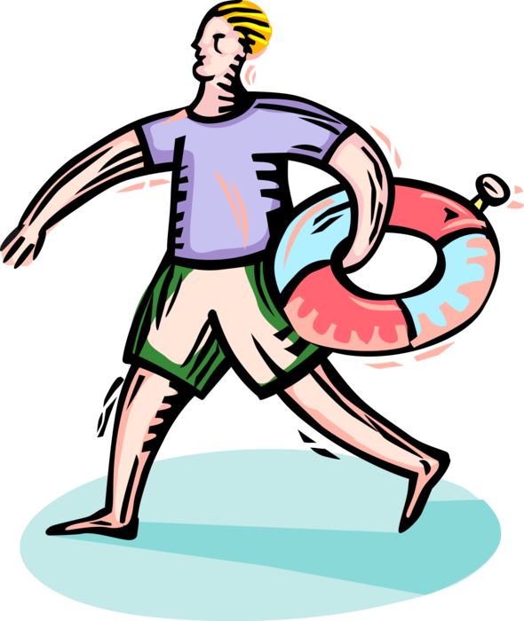 Vector Illustration of Swimmer Walks with Life Ring Preserver Personal Flotation Device