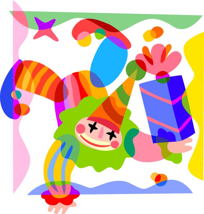 Vector Illustration of Big Top Circus Clown with Gift Wrapped Present