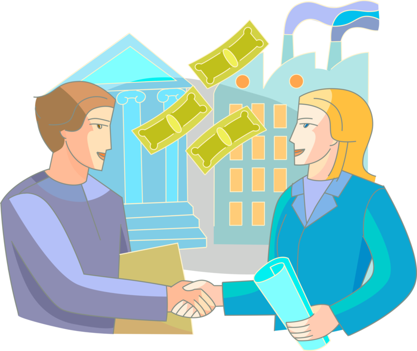 Vector Illustration of Banker and Industrialist Shake Hands on Financing Money Cash Loan Agreement for Manufacturing Factory