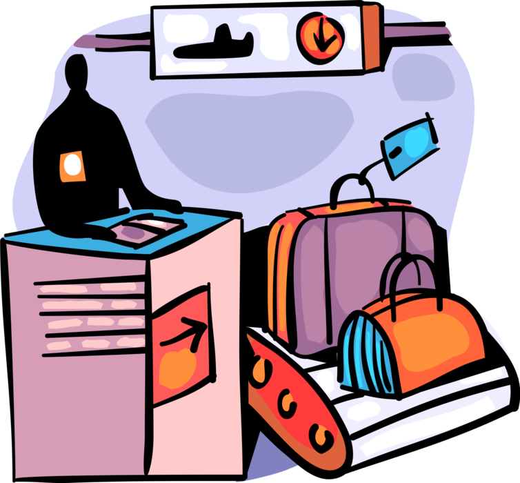 Vector Illustration of Airport Terminal Passenger Luggage Suitcase Baggage on Conveyor Belt at Service Counter Check-In Desk 