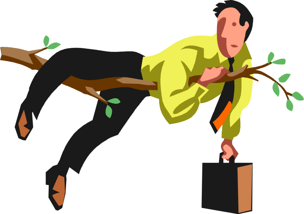 Vector Illustration of Risk-Taking Businessman Goes Out on Tree Limb Branch