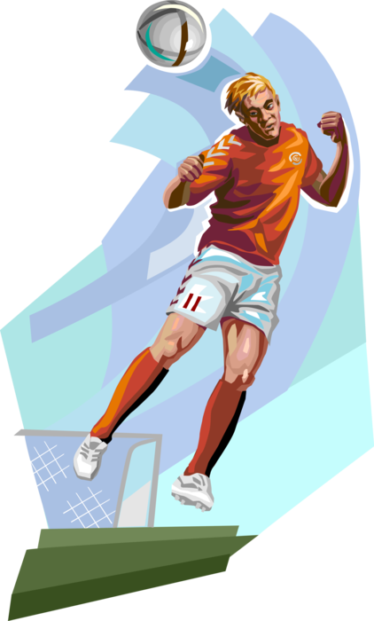 Vector Illustration of Danish Football Soccer Player Heading Ball During Match on Pitch