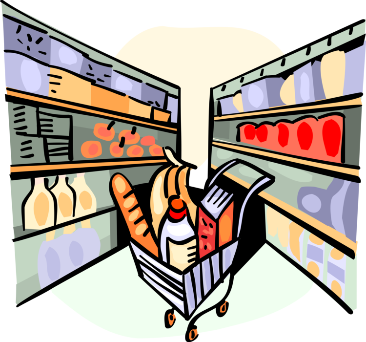 Vector Illustration of Supermarket Grocery Store Aisle Shelves with Products and Shopping Cart