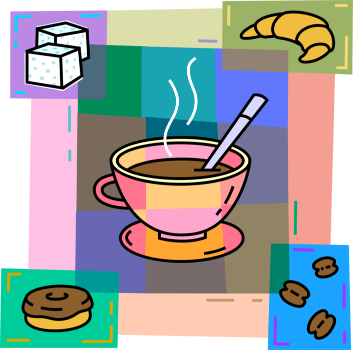 Vector Illustration of Cup of Hot Coffee with Stir Spoon, Pastry Croissant, Donut and Sugar Cubes