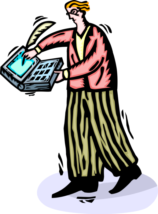 Vector Illustration of Author Writer Composing Literary Work on Laptop or Notebook Computer