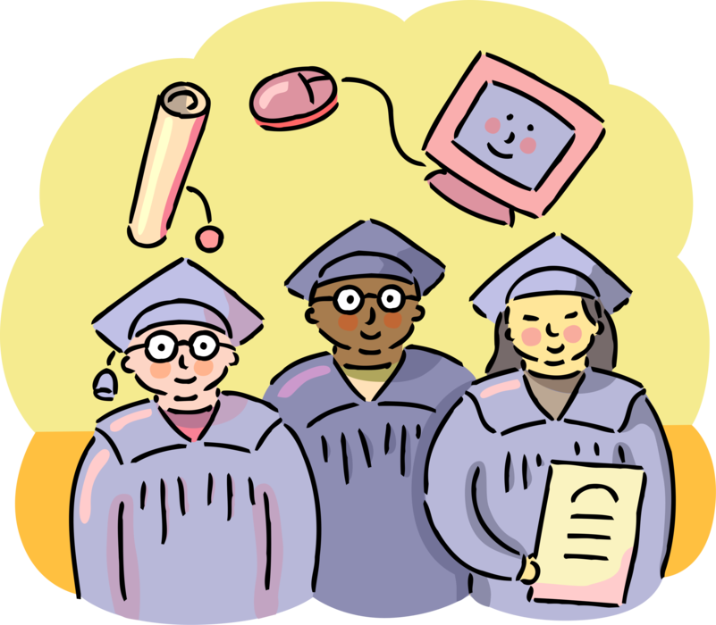 Vector Illustration of High School, College and University Graduation Graduates with Computer and Diploma