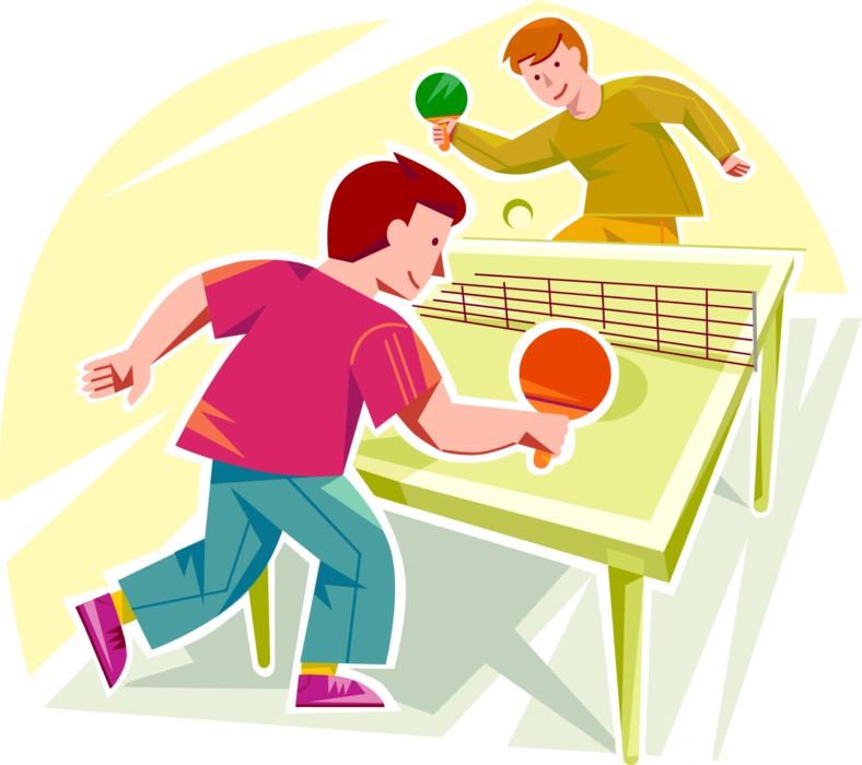Vector Illustration of Boys Play Game of Ping Pong Table Tennis with Paddle Rackets