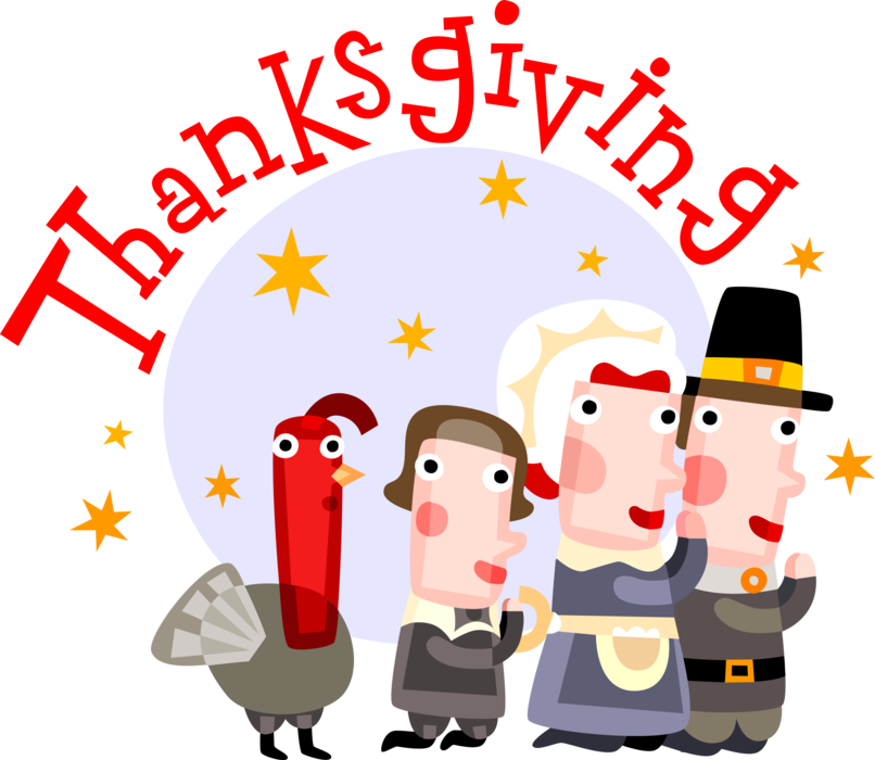 Vector Illustration of Thanksgiving Pilgrim Family Celebrate with Turkey