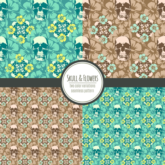 Juxtaposed Skulls and Flowers Two-Color Variation Seamless Pattern Vector Illustration