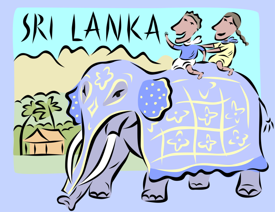 Vector Illustration of Sri Lanka Tourists Ride Asian Elephant