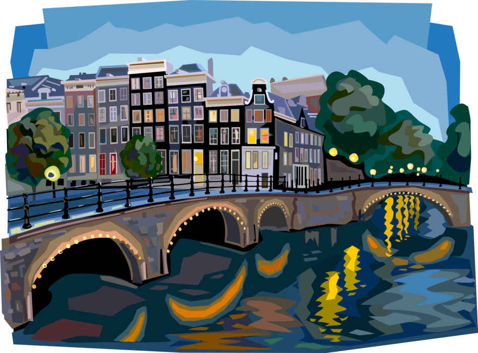 Vector Illustration of Amsterdam Bridge Over Dutch Canal, Holland, The Netherlands