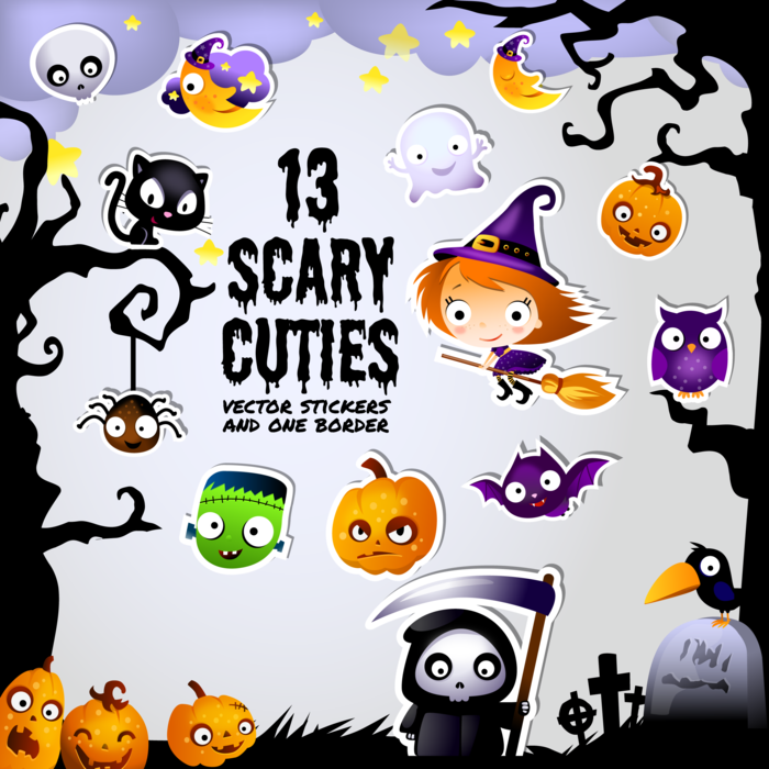 Thirteen Frightfully Scary Halloween Cuties Vector Stickers and Border Frame
