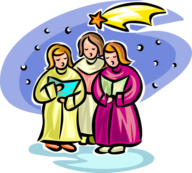Vector Illustration of Holiday Festive Season Christmas Carolers Sing Carols on Winter Night with Shooting Star of Bethlehem